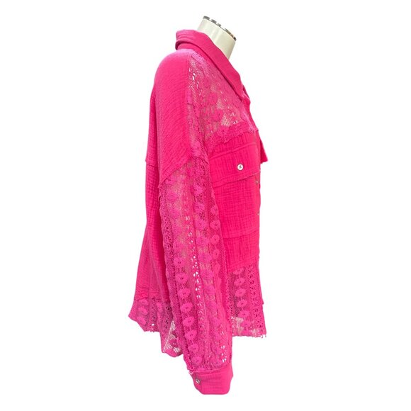 Andree By Unit XL Hot Pink Cotton Lace Shacket Button Front Textured Boho Core - Picture 6 of 12